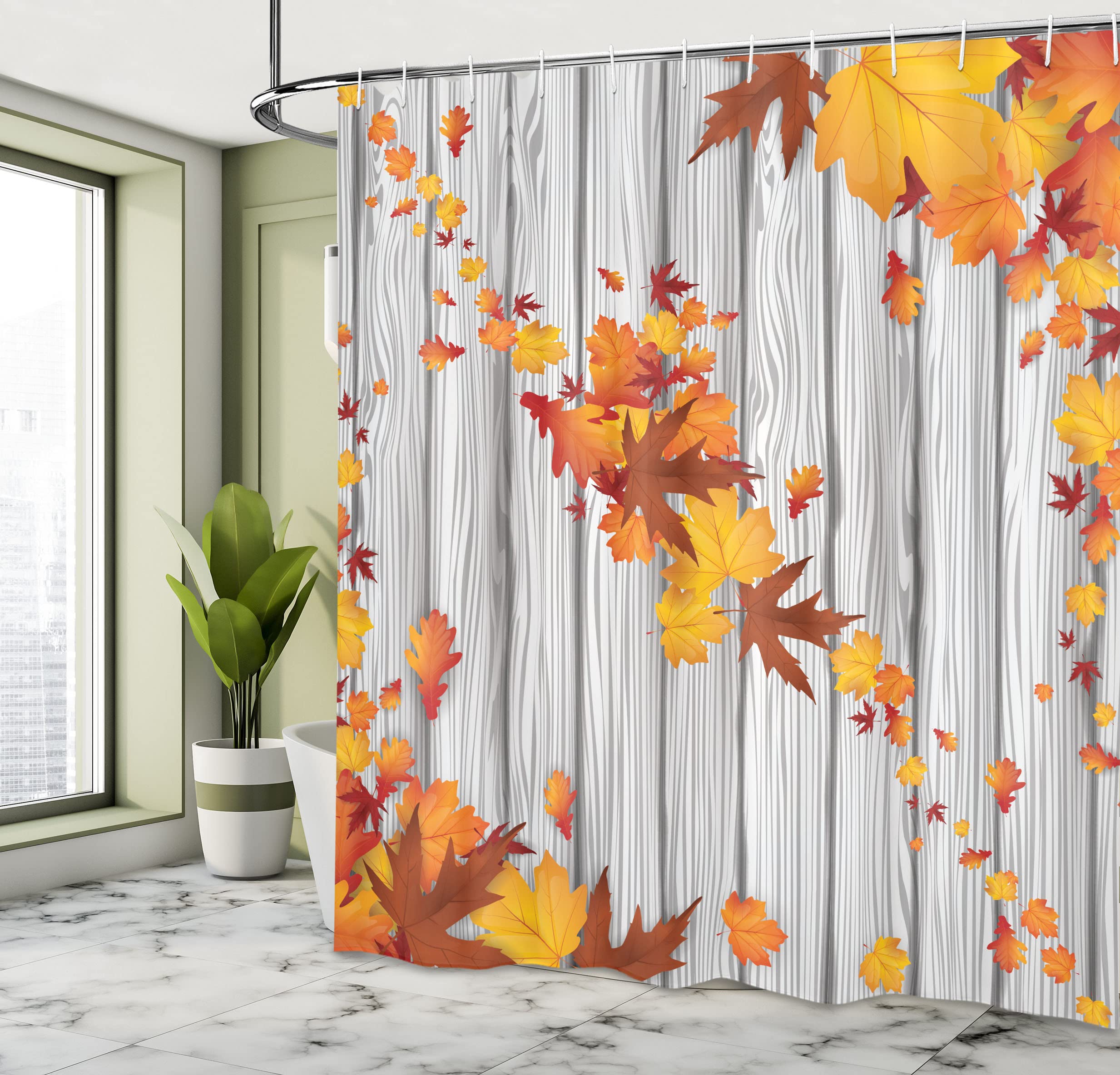 Ambesonne Autumn Shower Curtain, Fall Maple Leafs Tree Diagonal Leaves Foliage Rustic Wooden Planks, Cloth Fabric Bathroom Decor